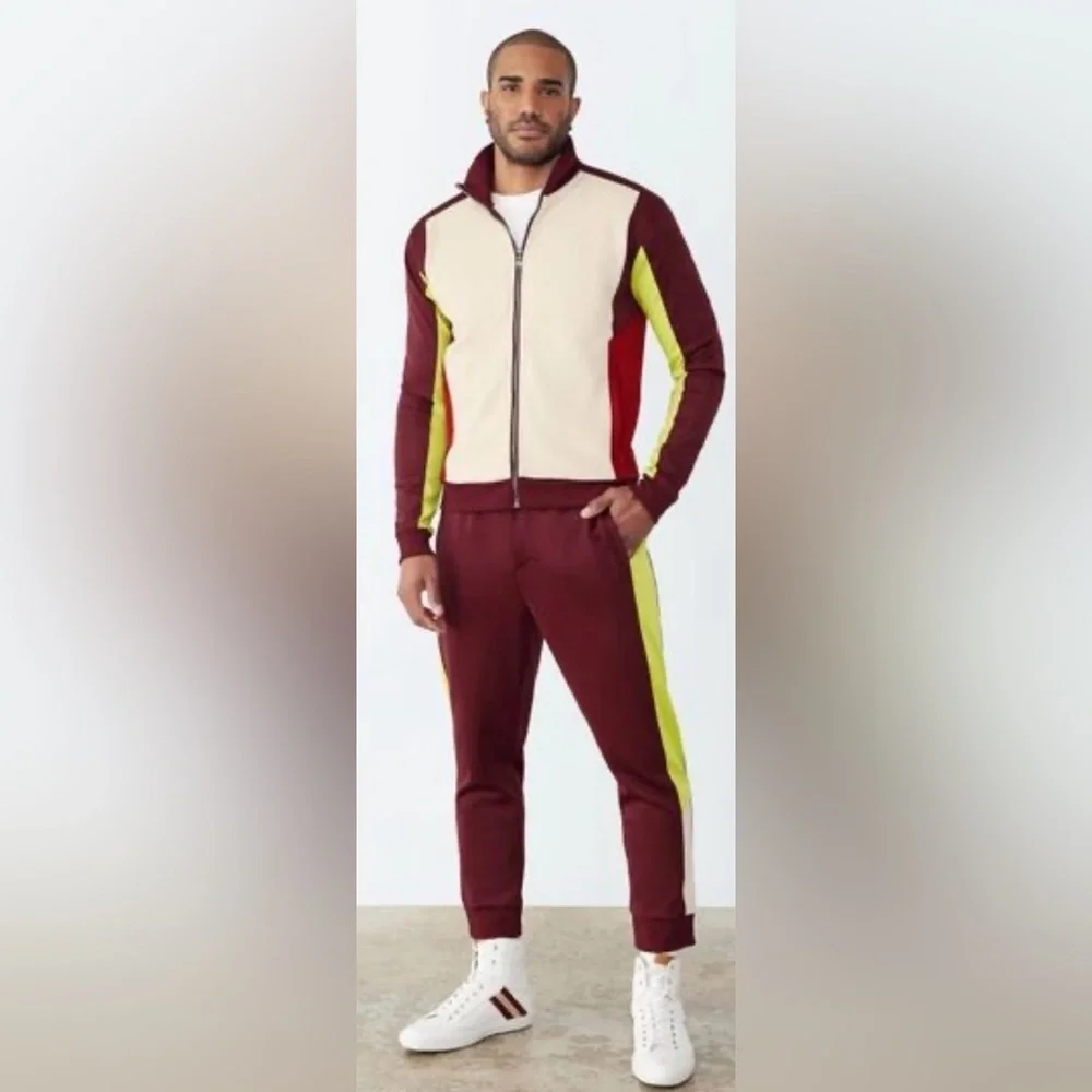 NWT GSTQ Men’s Colorblock Knit Zip-Up Jacket Cream Maroon Bright Yellow - L
